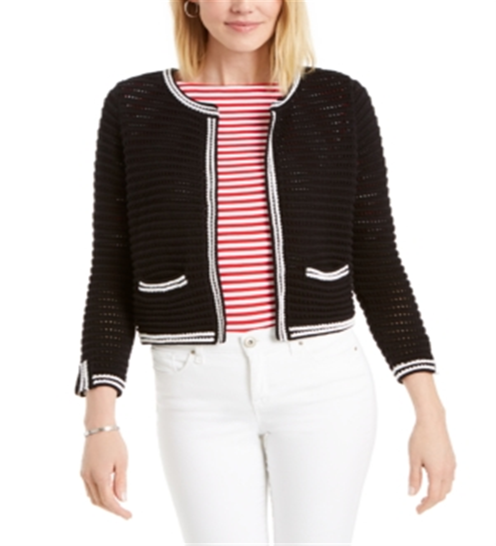 Charter Club Women's Piped Open Stitch Cardigan Sweater Black Size XX-Large
