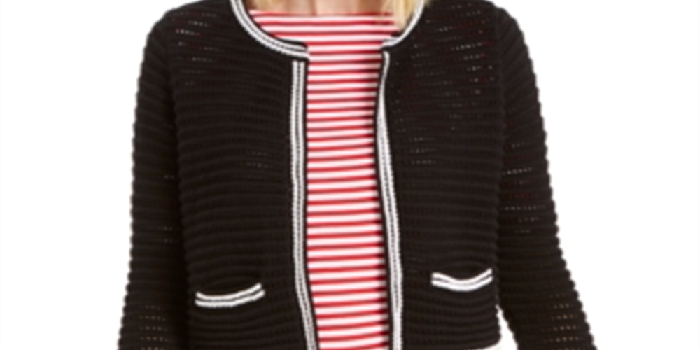 Charter Club Women's Piped Open Stitch Cardigan Sweater Black Size XX-Large