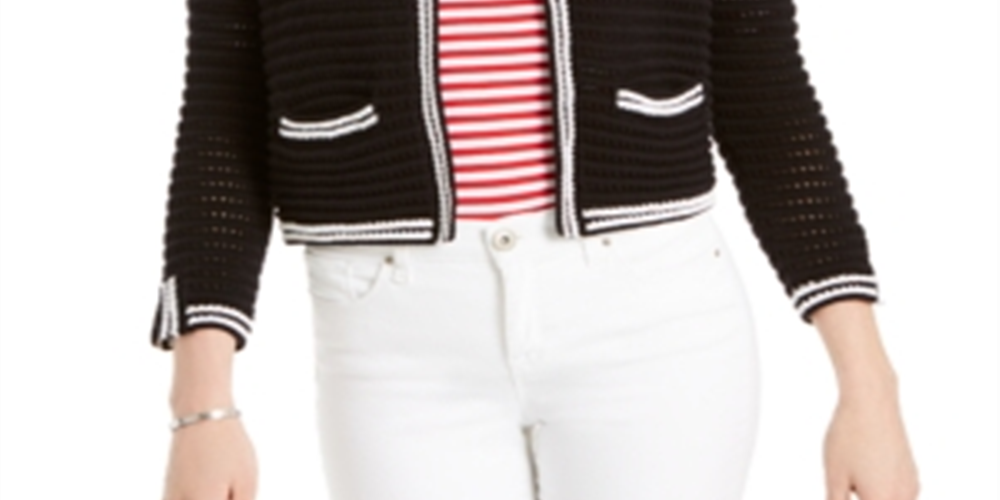 Charter Club Women's Piped Open Stitch Cardigan Sweater Black Size XX-Large