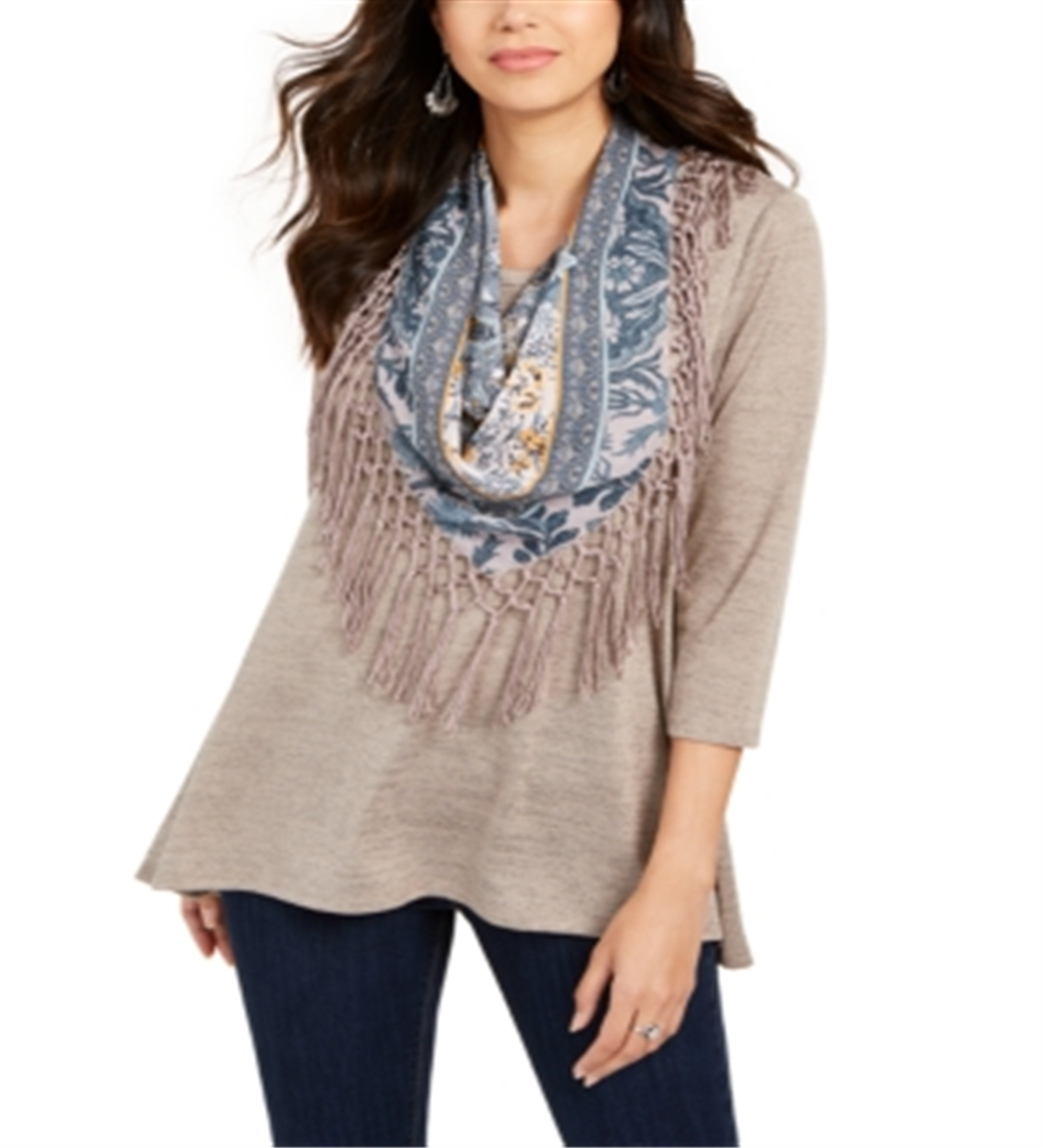 Style & Co Women's Fringed Scarf Neck Top -Gray Size Small