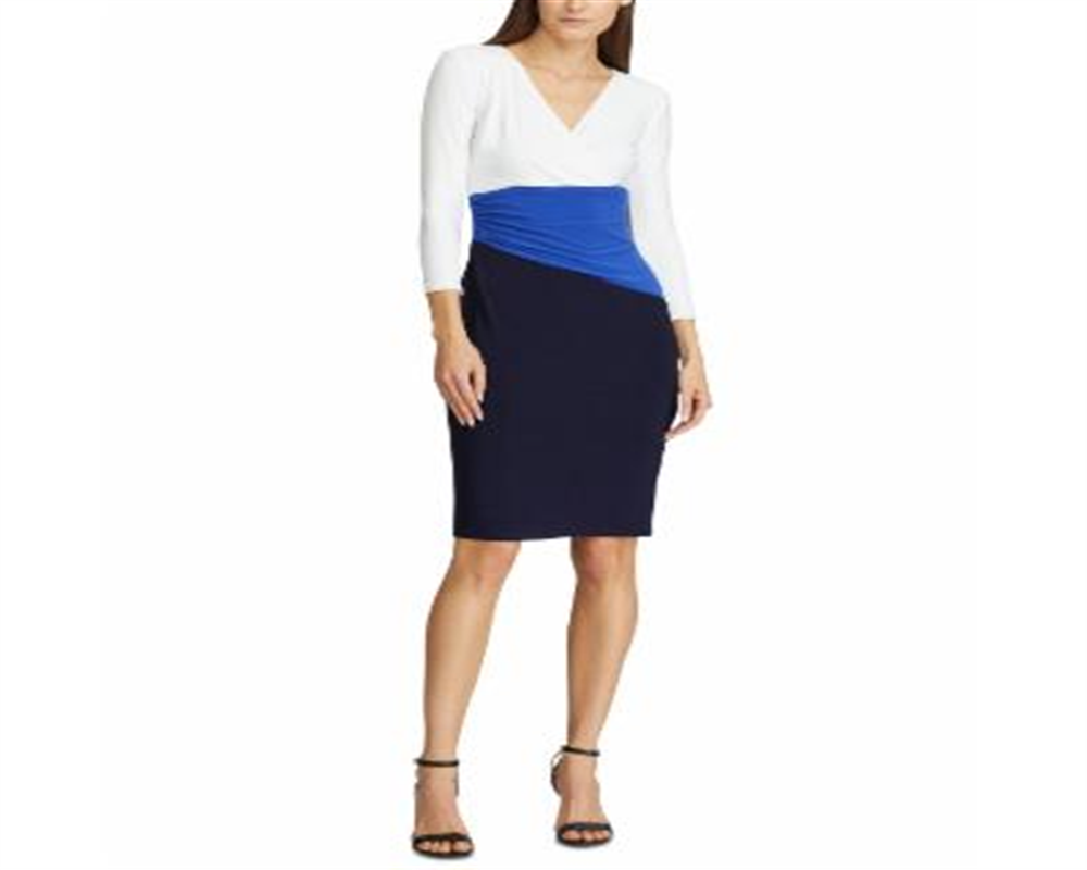 Ralph Lauren Women's Color Block Short Sleeve Jewel Neck Above the Knee Body Con Dress Blue Size 0