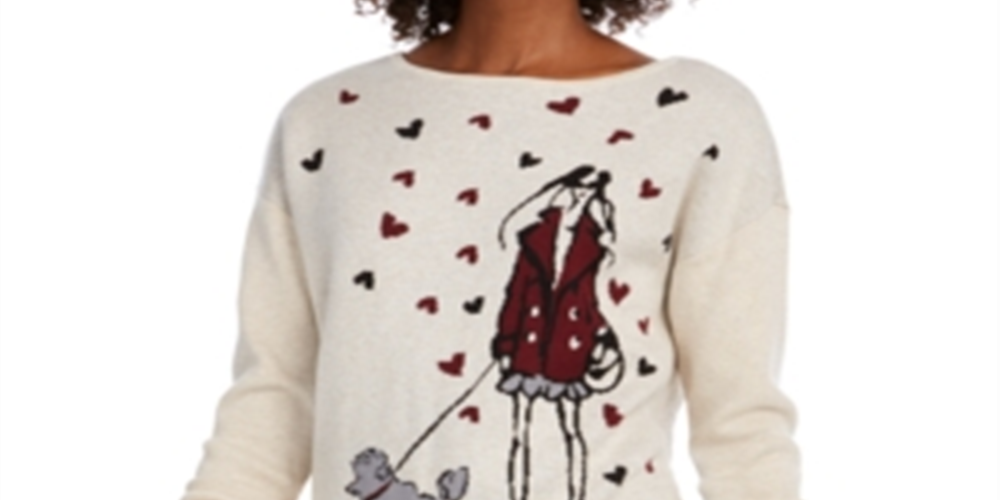 Maison Jules Women's  Printed Long Sleeve Crew Neck Top White Size Medium