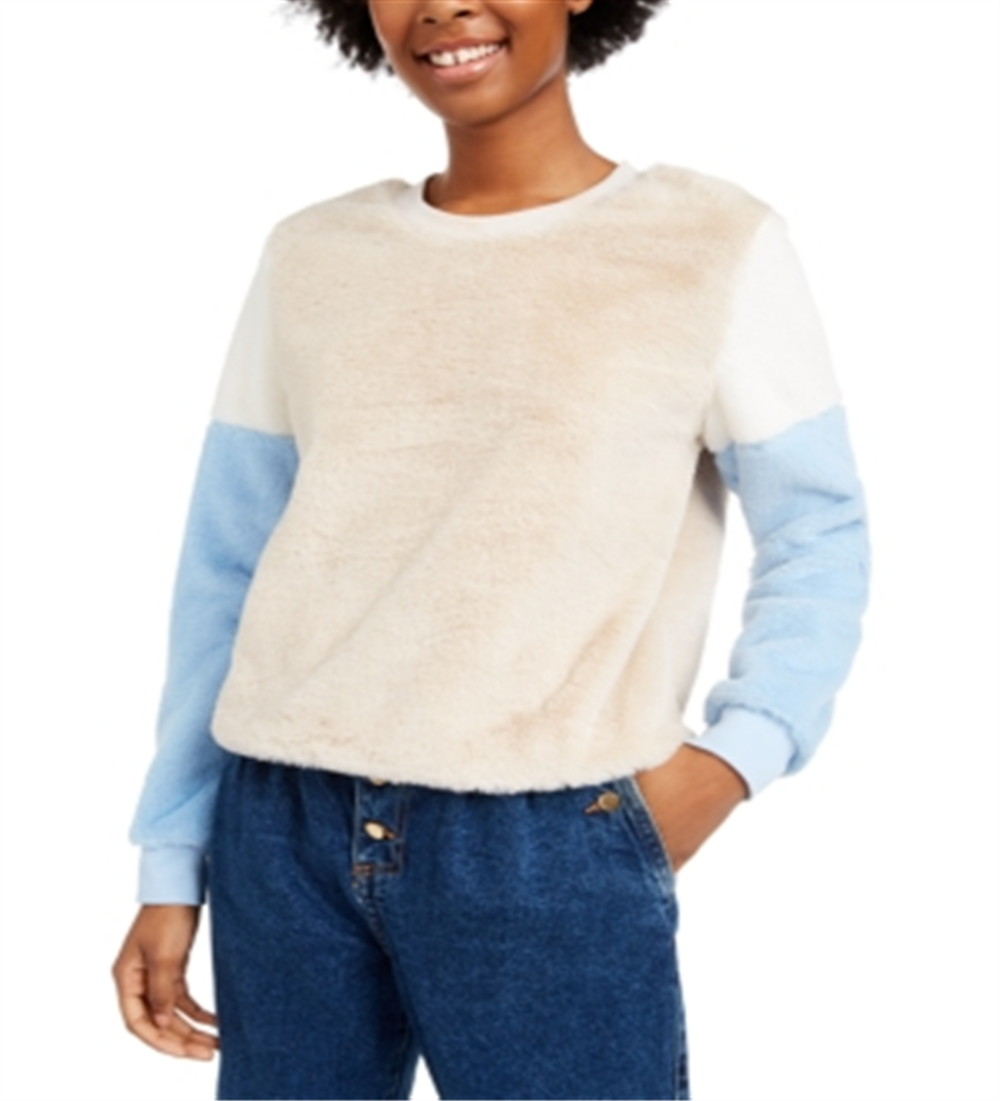 Almost Famous Junior's Colorblocked Faux Fur Pullover Blue Size Small