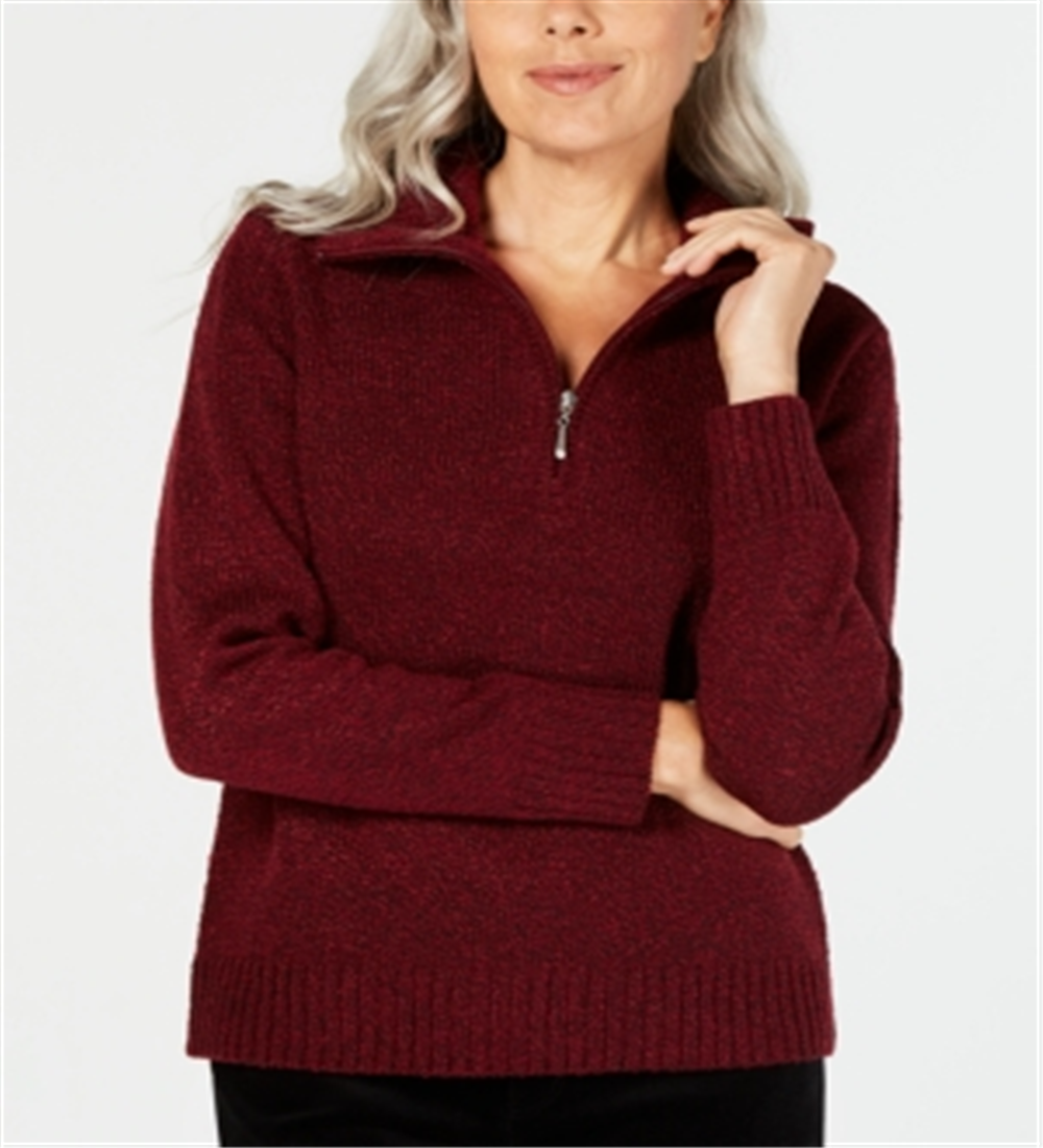 Karen Scott Women's Wing Collar Zip Neck Sweater Wine Size M