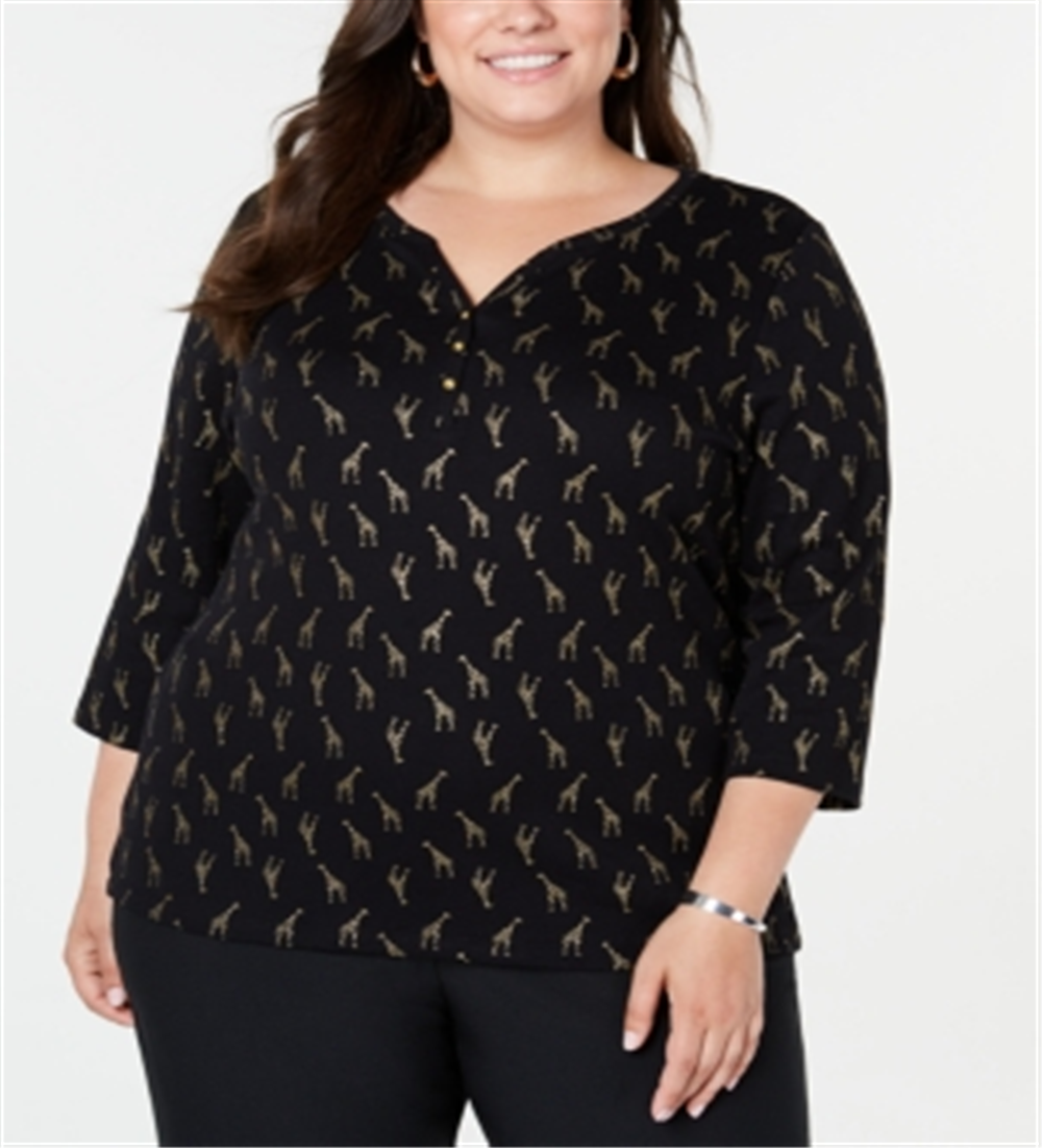 Karen Scott Women's Printed 3/4 Sleeve Henley Top Black Size 3X