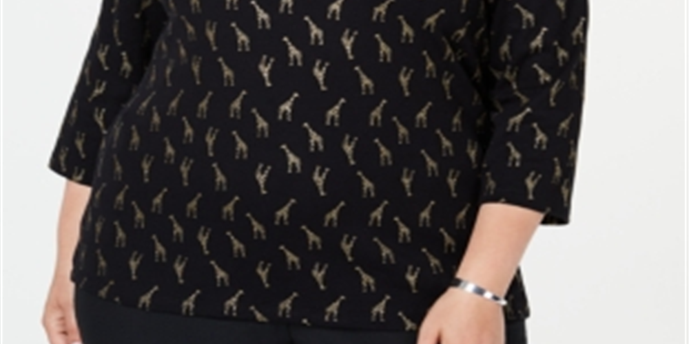 Karen Scott Women's Printed 3/4 Sleeve Henley Top Black Size 3X