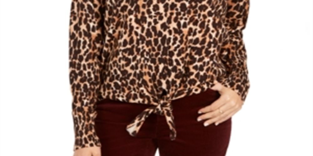 Style & Co Women's Exotic Print Tie Hem Sweater Brown Size Petite S