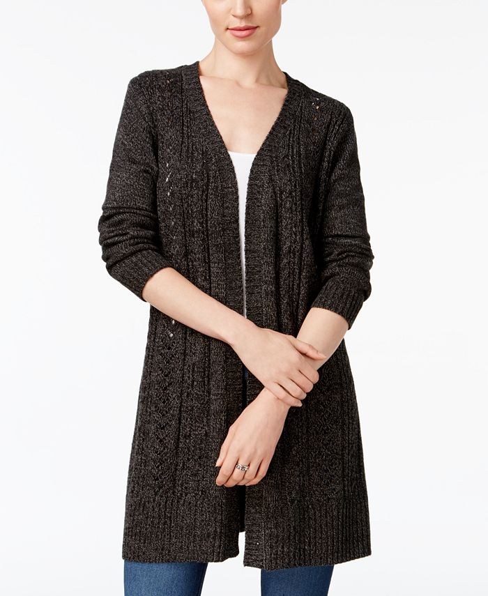 Karen Scott Women's Marled Knit Duster Cardigan -Black Size Petite S/M