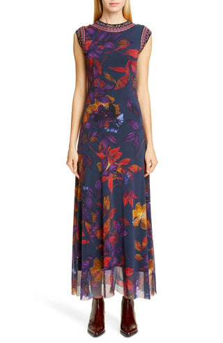 Fuzzi Women's Embroidered Trim Floral Maxi Dress Blue Size Large