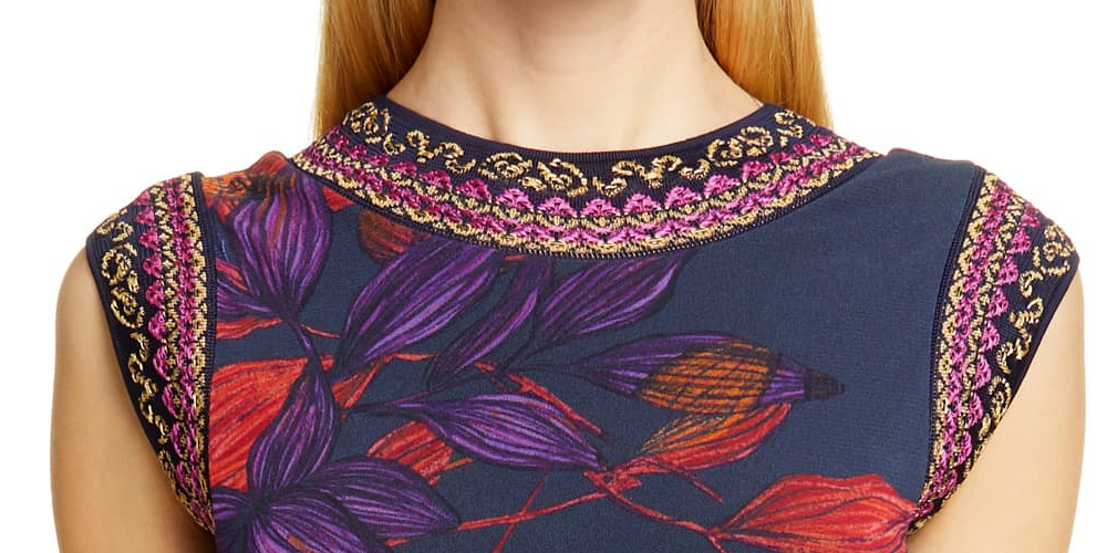 Fuzzi Women's Embroidered Trim Floral Maxi Dress Blue Size Large