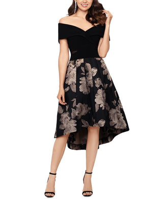 Xscape Women's Floral Short Sleeve Off Shoulder Tea Length Hi Lo Formal Dress Black Size 14 Petite
