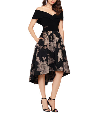 Xscape Women's Floral Short Sleeve Off Shoulder Tea Length Hi Lo Formal Dress Black Size 14 Petite
