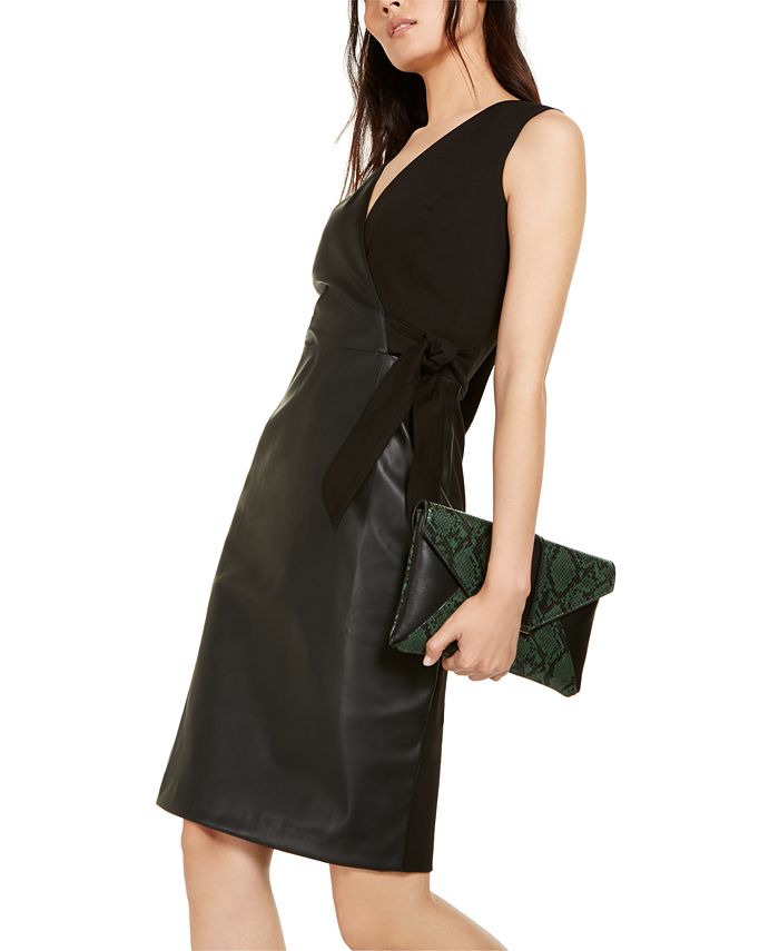 INC International Concepts Women's Mixed Media Faux Wrap Dress Black Size 6
