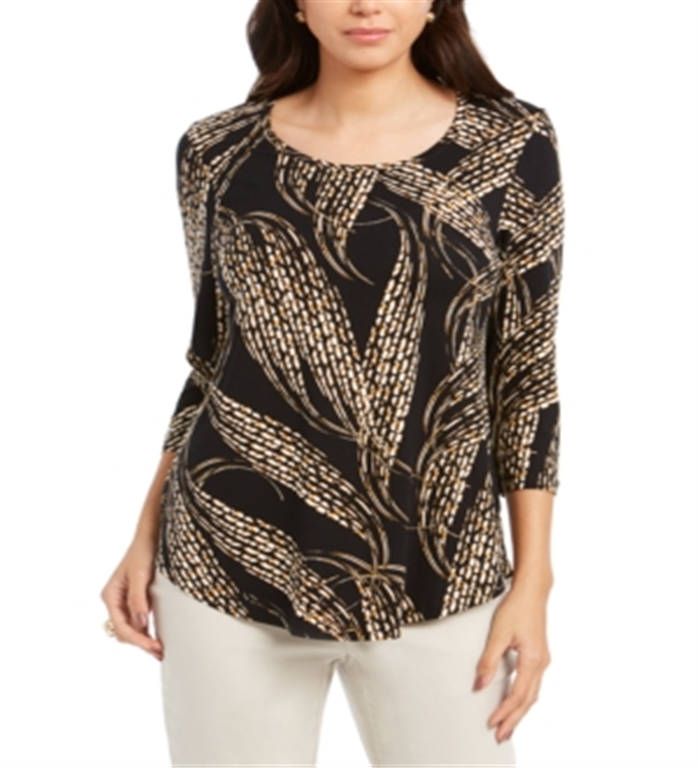 JM Collection Women's Printed 3/4 Sleeve Top -Black Size Petite S