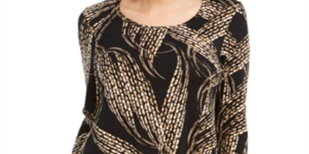 JM Collection Women's Printed 3/4 Sleeve Top -Black Size Petite S