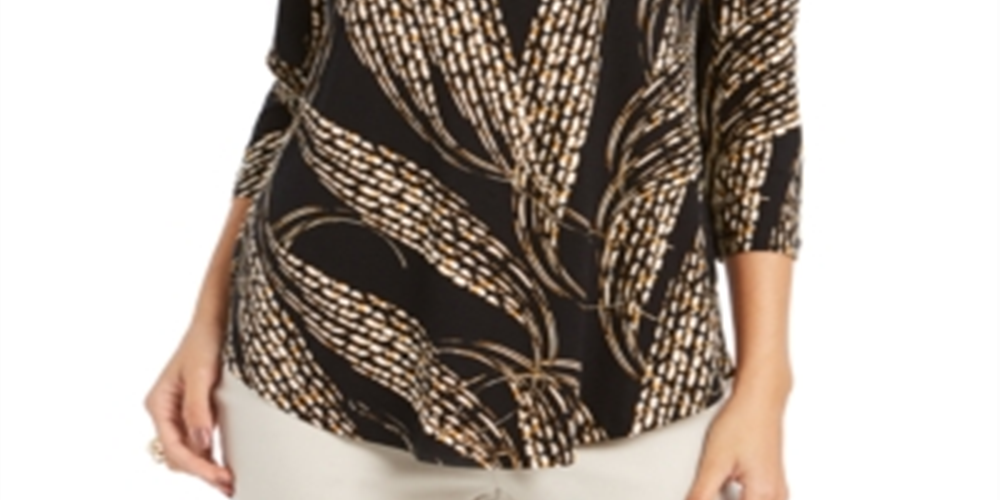 JM Collection Women's Printed 3/4 Sleeve Top -Black Size Petite S