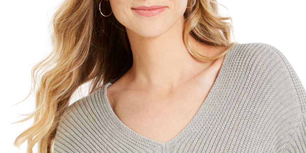 Charter Club Women's Gray Printed Long Sleeve V Neck Blouse Sweater Size Petite Large