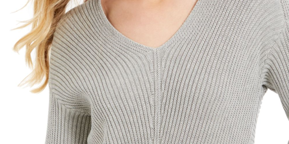 Charter Club Women's Gray Printed Long Sleeve V Neck Blouse Sweater Size Petite Large