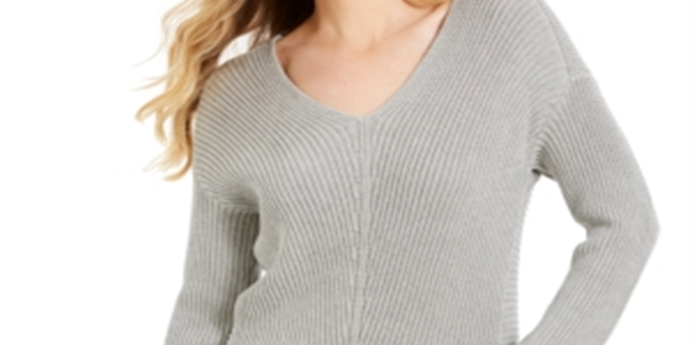 Charter Club Women's Gray Printed Long Sleeve V Neck Blouse Sweater Size Petite Large