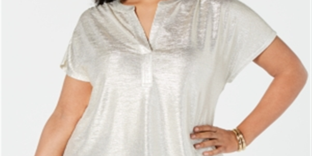 INC International Concepts Women's Texted Metallic Top White Size 4X