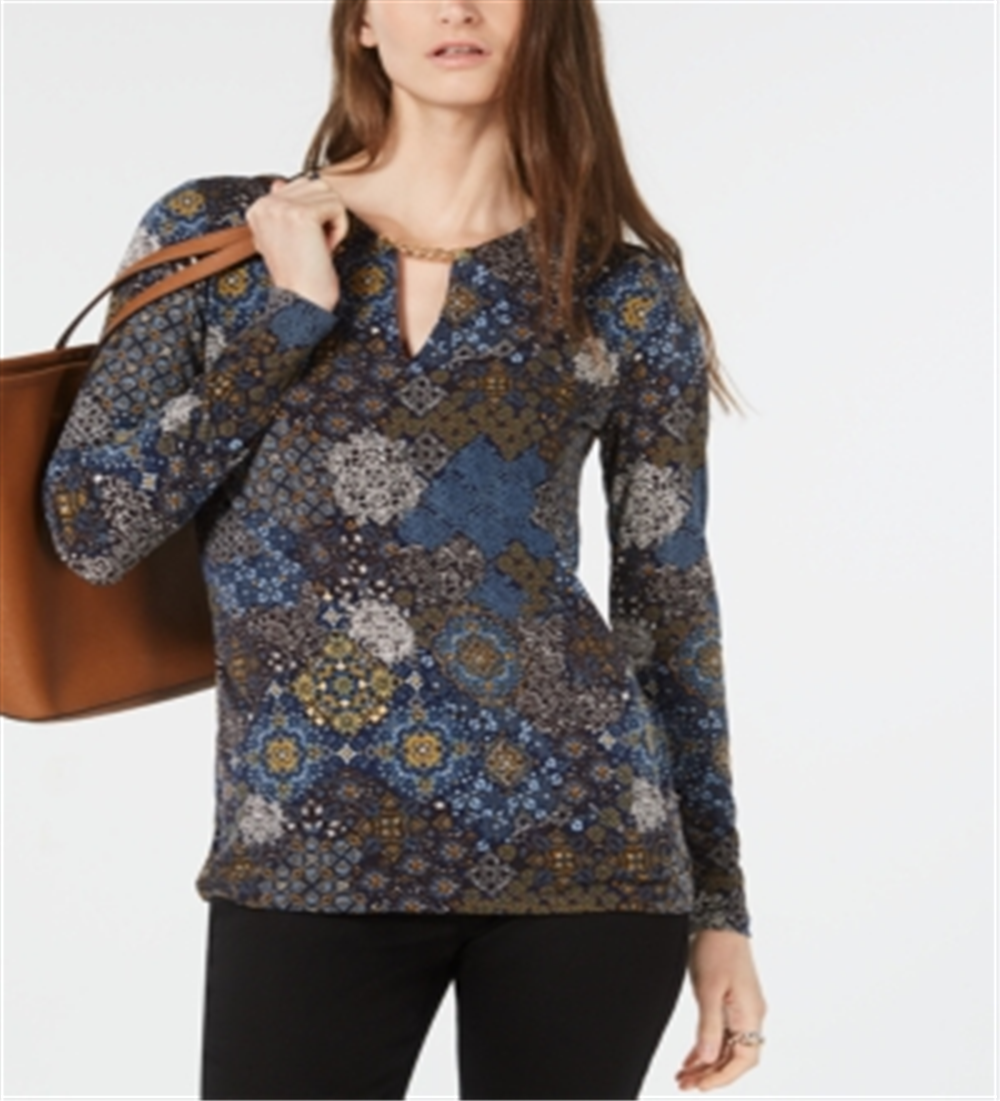 Michael Kors Women's Medallion Print Keyhole Top Blue Size Petite M