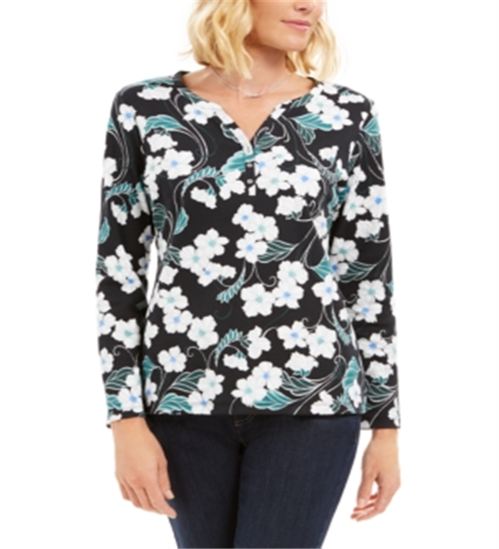 Karen Scott Women's Glitter Vines Henley Top Green Size XX-Large