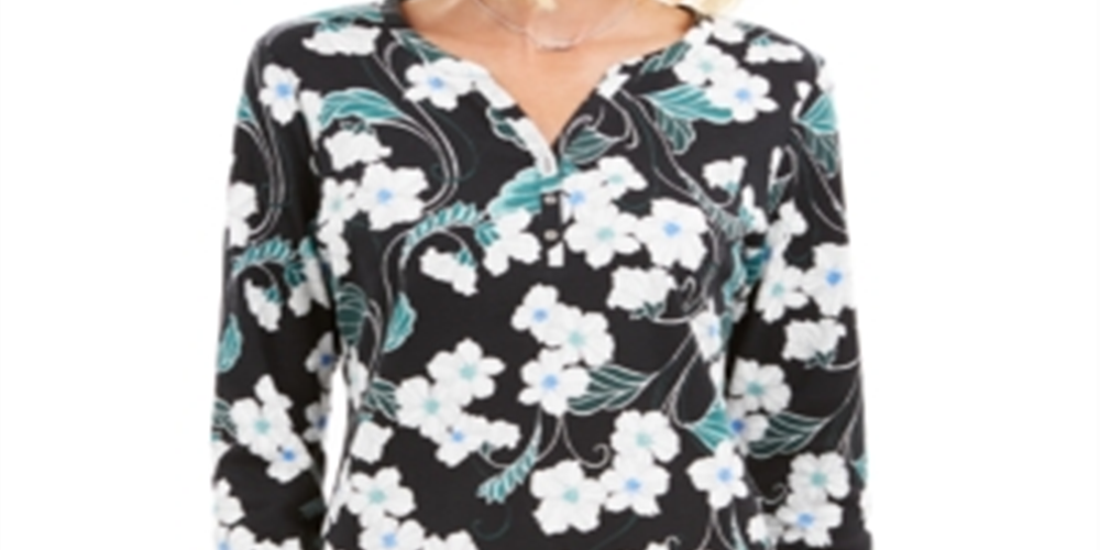 Karen Scott Women's Glitter Vines Henley Top Green Size XX-Large