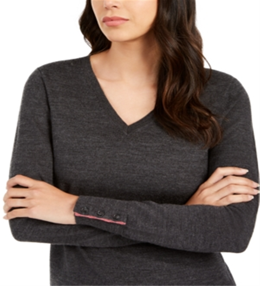 Charter Club Women's Merino Wool Button Cuff V Neck Sweater Gray Size Medium