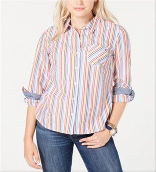 Tommy Hilfiger Women's Cotton Striped Roll Tab Blouse Red Size X-Small
