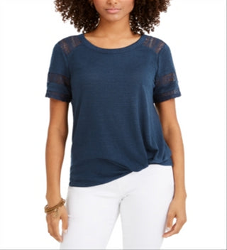 Style & Co Women's Lace Inset Top Dark Blue Size XS