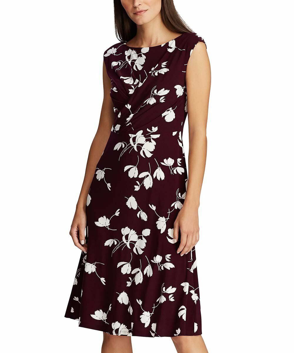 Ralph Lauren Women's Casual Plum & Colonial Cream Floral Jersey Fit & Flare Dress Wine Size 6