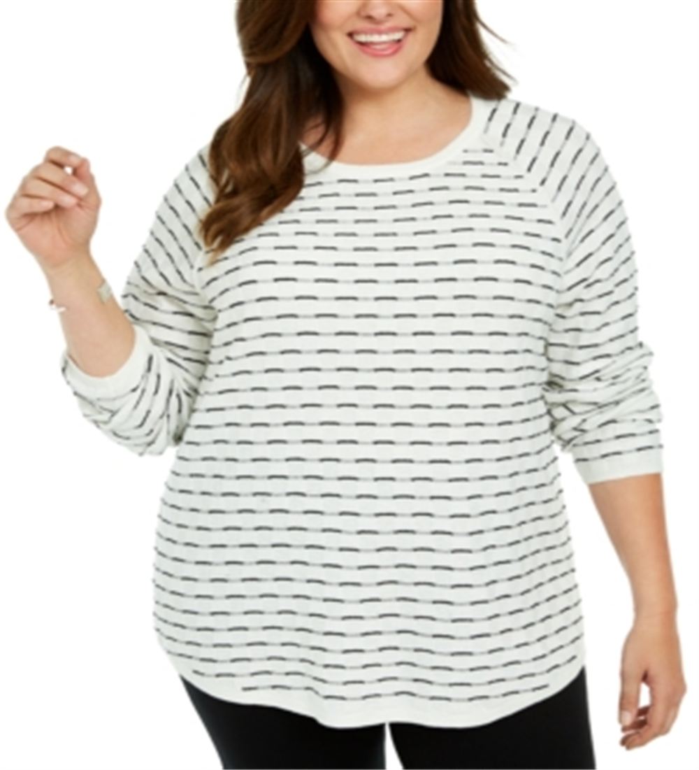 Karen Scott Women's Plus Textured Striped Cotton Top White Size 4X