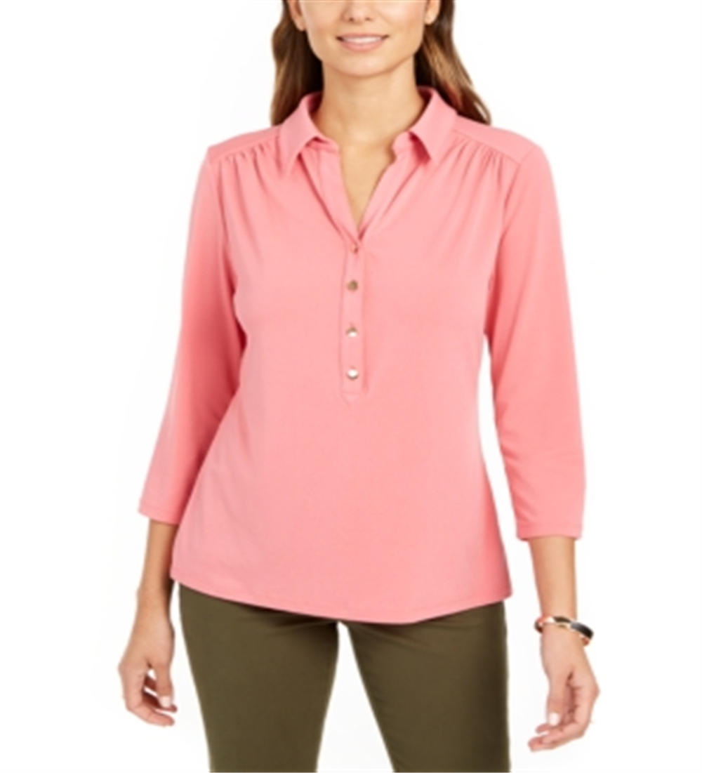 Charter Club Women's 3/4 Sleeve Polo Top Pink Size PP