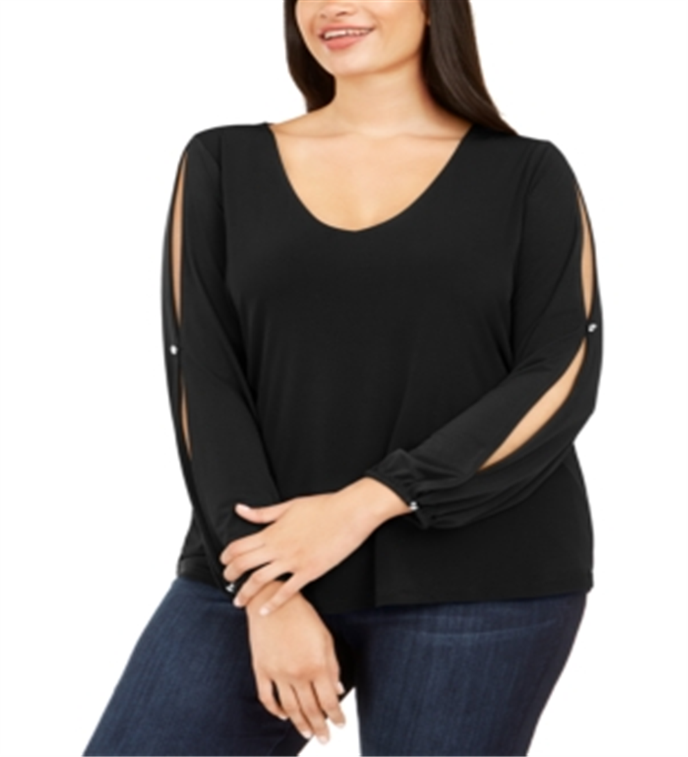 INC International Concepts Women's Beaded Slit Sleeve Top -Black Size 3X