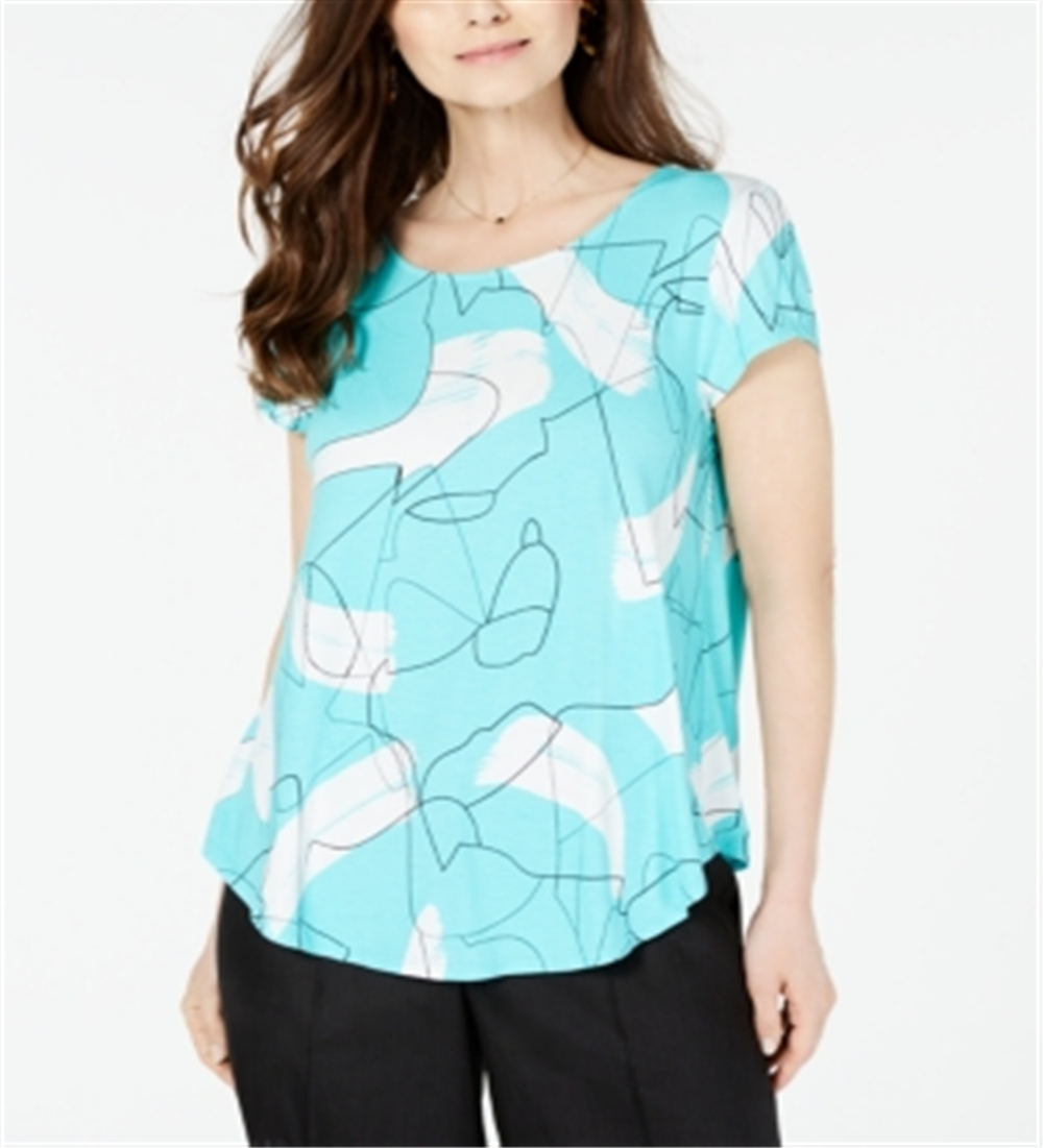 Alfani Women's Printed Round Hem T-Shirt Blue Size PP