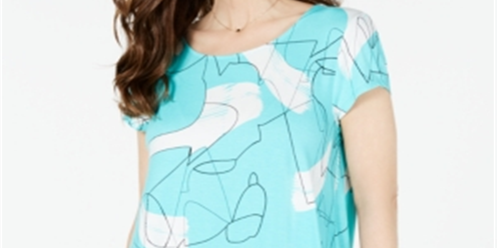 Alfani Women's Printed Round Hem T-Shirt Blue Size PP