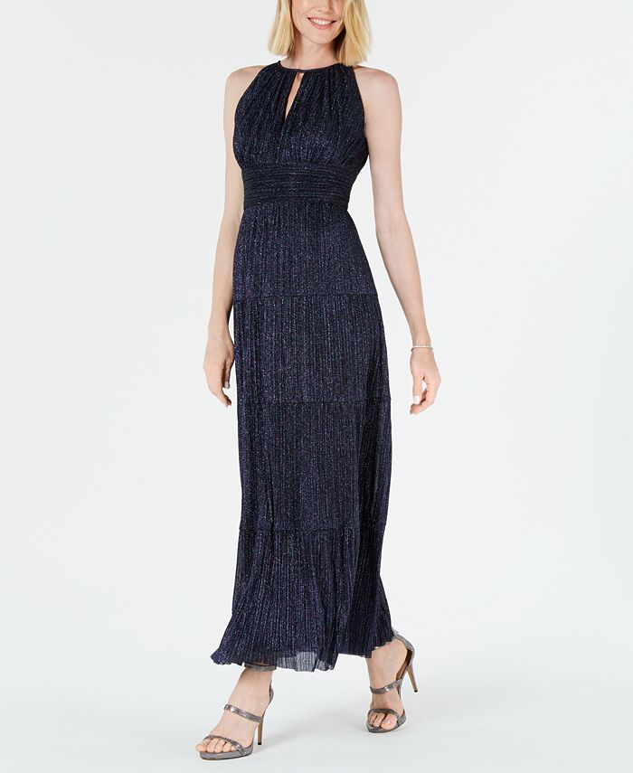 R & M Richards Women's Glitter Sleeveless Keyhole Maxi Empire Waist Evening Dress Blue Size 12