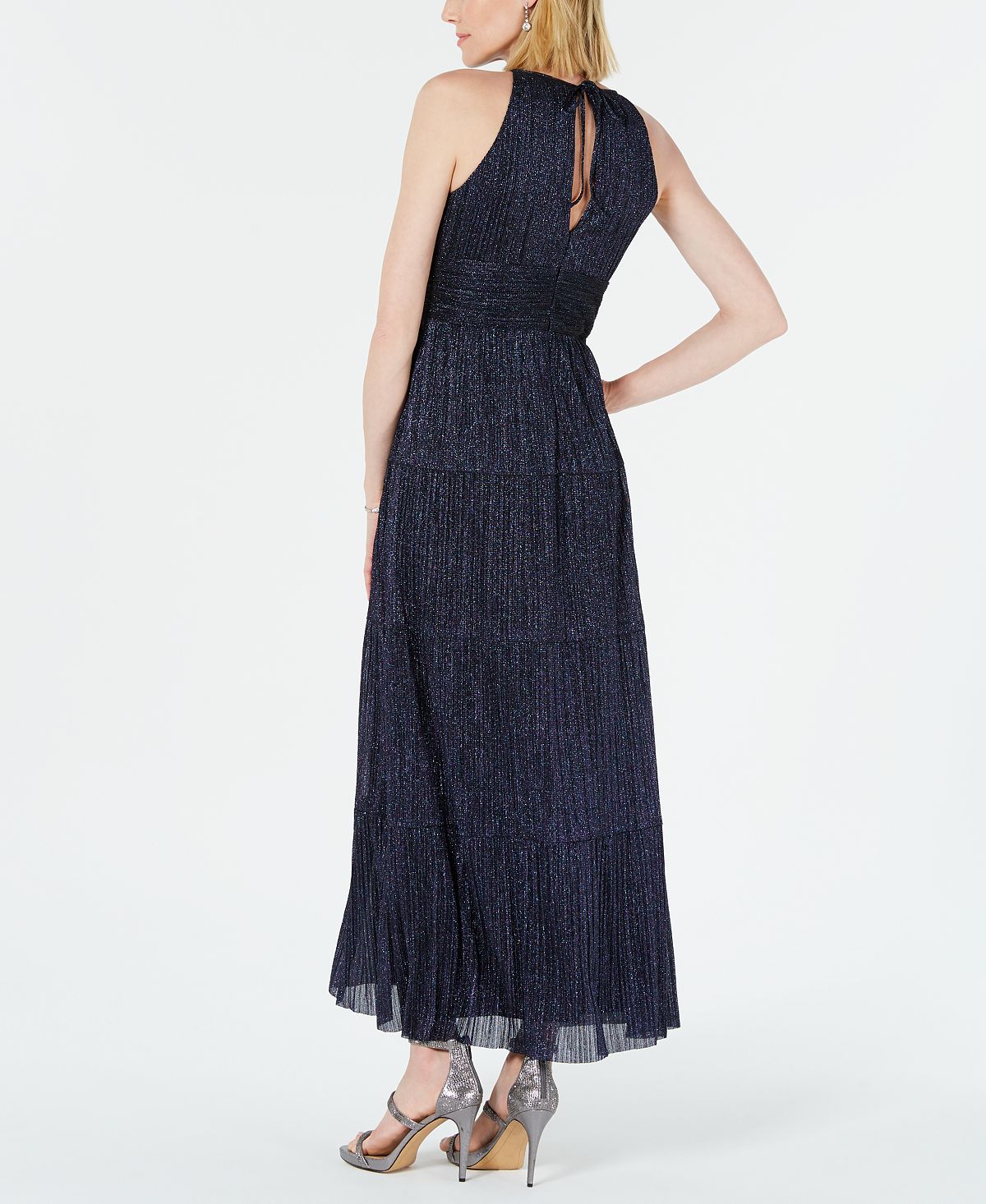 R & M Richards Women's Glitter Sleeveless Keyhole Maxi Empire Waist Evening Dress Blue Size 12