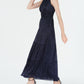 R & M Richards Women's Glitter Sleeveless Keyhole Maxi Empire Waist Evening Dress Blue Size 12