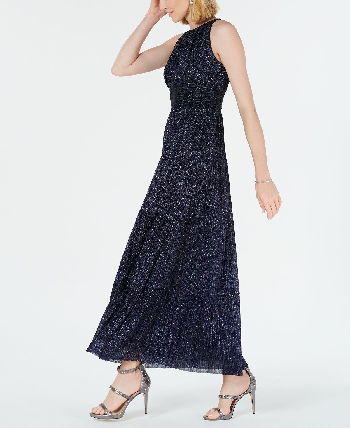 R & M Richards Women's Glitter Sleeveless Keyhole Maxi Empire Waist Evening Dress Blue Size 12