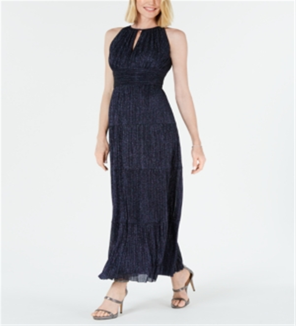 R & M Richards Women's Glitter Sleeveless Keyhole Maxi Empire Waist Evening Dress Blue Size 12