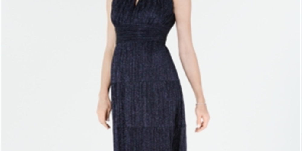 R & M Richards Women's Glitter Sleeveless Keyhole Maxi Empire Waist Evening Dress Blue Size 12