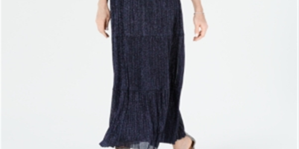 R & M Richards Women's Glitter Sleeveless Keyhole Maxi Empire Waist Evening Dress Blue Size 12