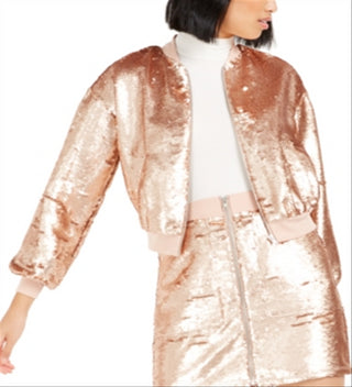 Bar III Women's Sequined Lightweight Bomber Jacket Pink Size XL