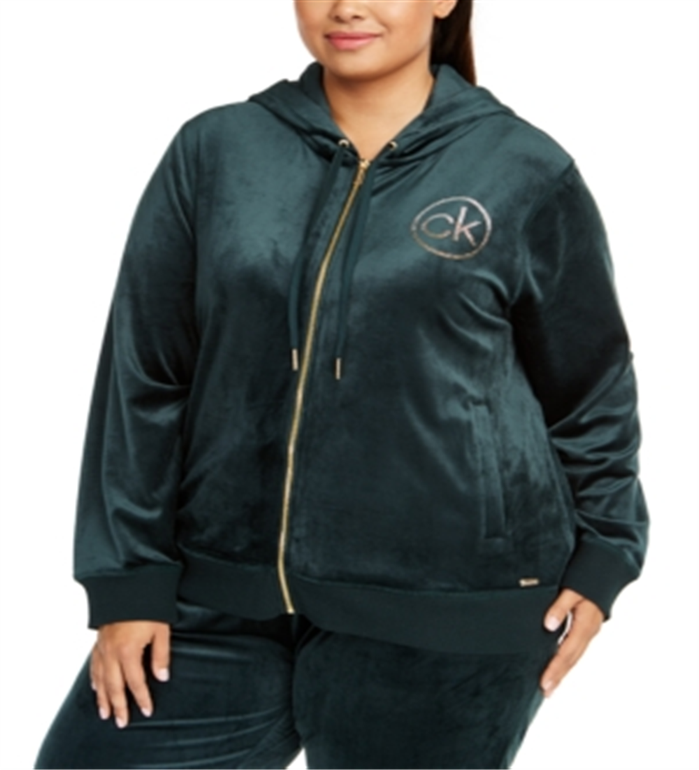 Calvin Klein Women's Beaded Logo Velour Hoodie Green Size -0X