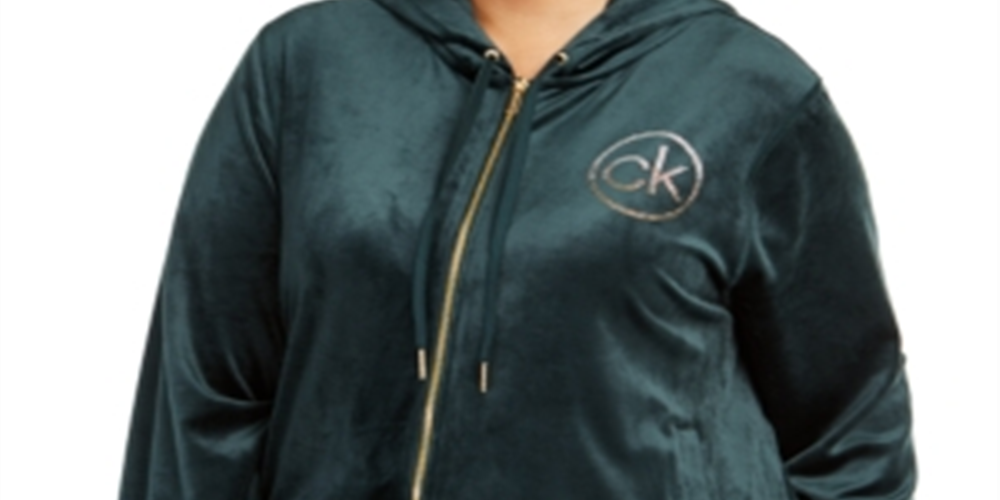 Calvin Klein Women's Beaded Logo Velour Hoodie Green Size -0X