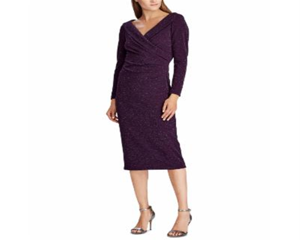 Ralph Lauren Women's Glitter Faux Wrap Long Sleeve V Neck Below the Knee Sheath Formal Dress Purple Size 10