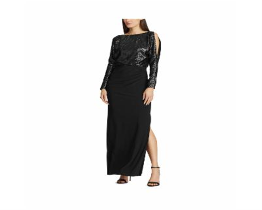 Ralph Lauren Women's Sequined Cut Out Long Sleeve Jewel Neck Maxi Evening Sheath Dress Black Size 14