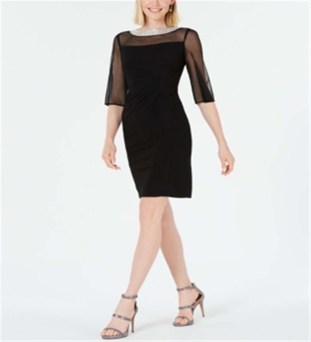 R & M Richards Women's Sheath Mesh Trim Rhinestone Neck Dress Black Size 10
