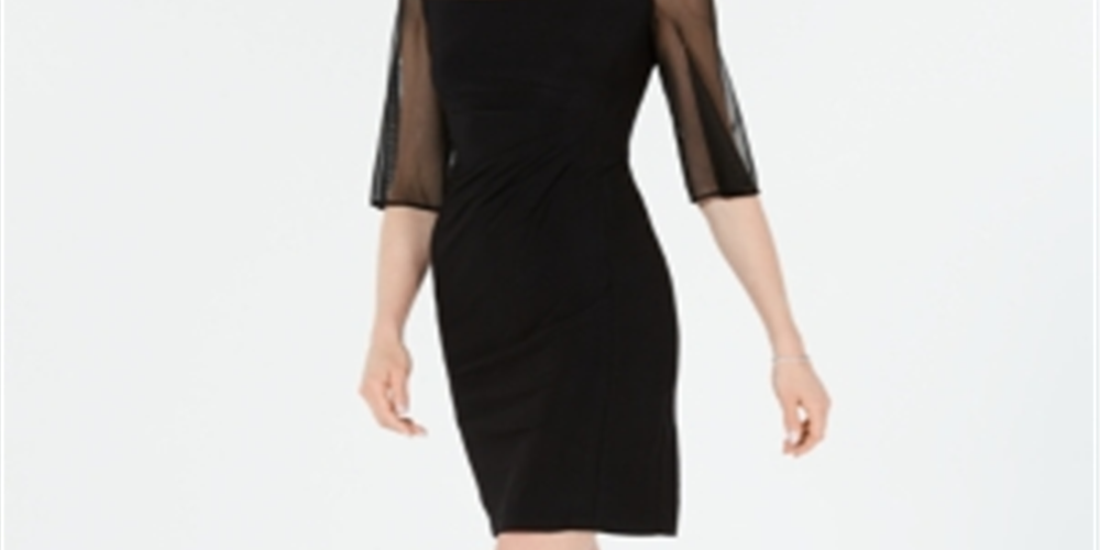 R & M Richards Women's Sheath Mesh Trim Rhinestone Neck Dress Black Size 10